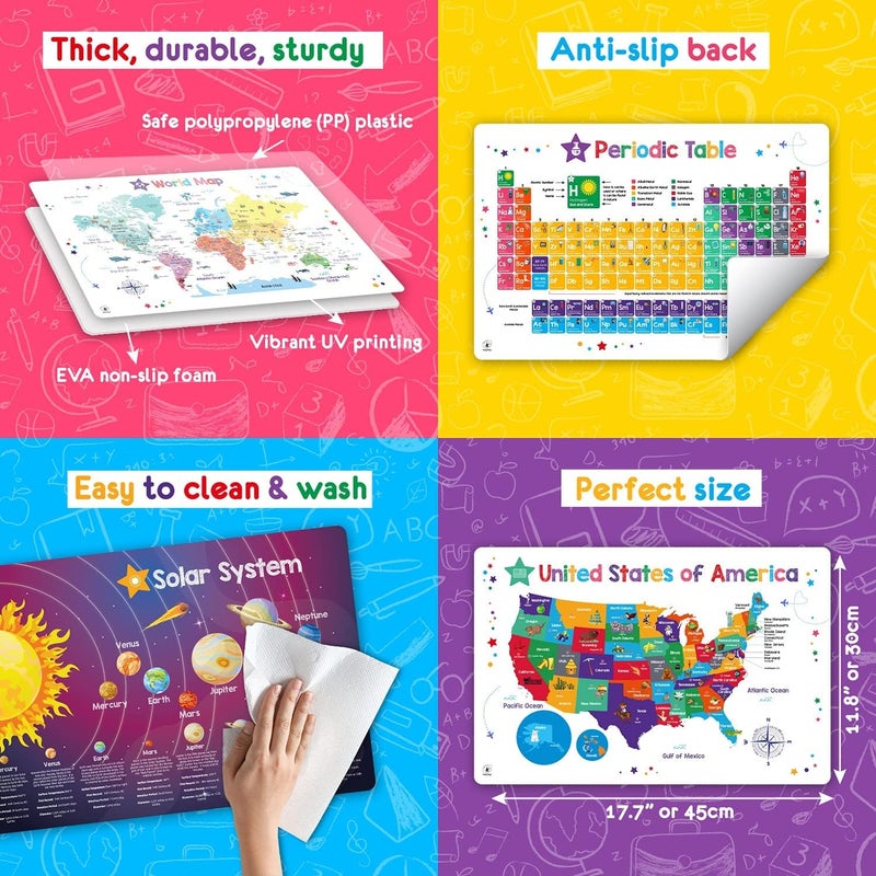 Simply magic Discovery Set of 5 Educational Placemats for Kids - Kids Placemats Non Slip for Dining Table, Wipeable Reusable Plastic Learning Place Mats: USA, World Map, Periodic Table, Solar System - Image 3